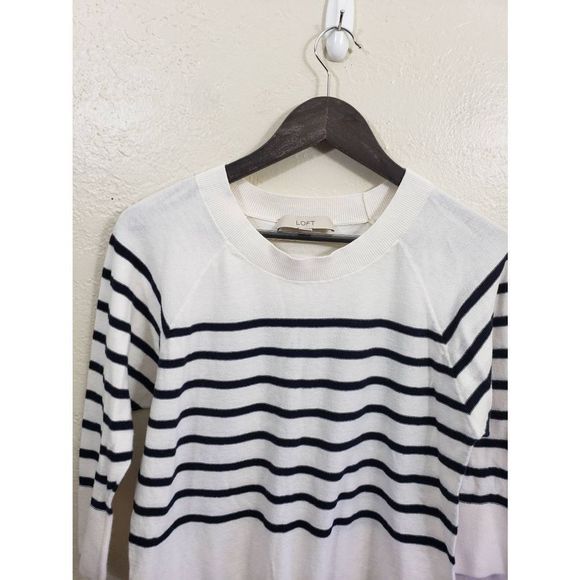 Loft Cotton White Black Crewneck Sweater size S - Picture 6 of 10